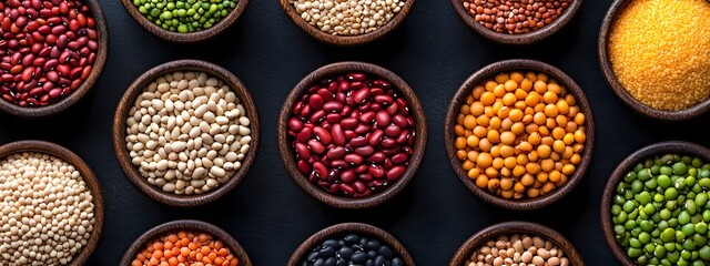 A carefully curated still life displaying a collection of wooden bowls brimming with a diverse array of legumes grains and beans