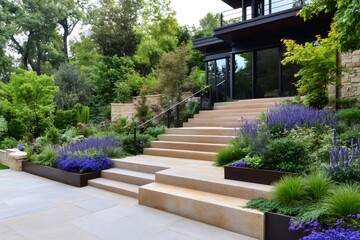 Naklejka premium Modern house with beautiful garden and large staircase