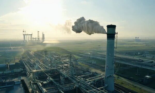 Power station with pipes. Aerial view of smoke and steam from high chimney of power plant