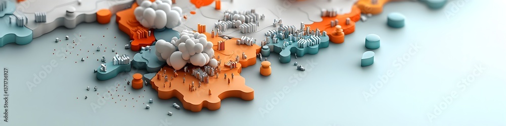 Poster a complex interlocking layout of geometric shapes and patterns representing the dynamic interconnect