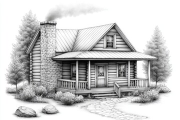 A hand-drawn ink sketch of a rustic farmhouse with smoke rising from the chimney on Thanksgiving morning