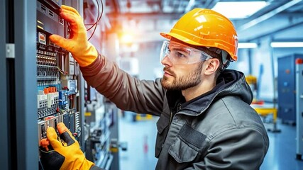 "Precision in Action: A focused electrician, clad in protective gear, meticulously examines an electrical panel.