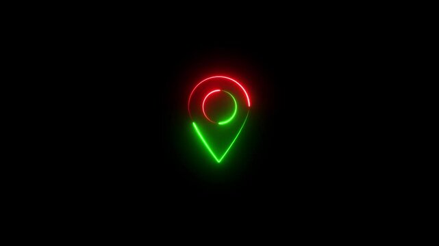 Neon location icon glowing neon location map animation icon direction place compass map tracking black background.