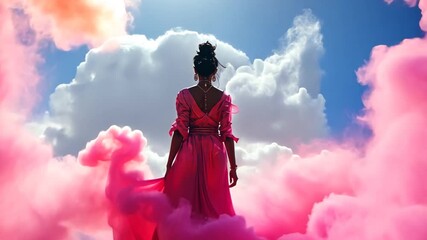 Woman in pink dress, floating clouds, inspirational scene, artistic photo