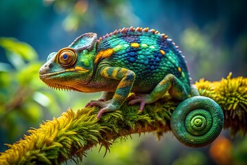 Obraz premium Vibrant Color-Changing Chameleon on Mossy Branch – Macro Wildlife Photography