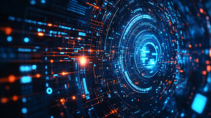 Fototapeta premium Abstract tech background with glowing orange and blue lights and circular patterns design element