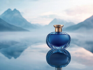 Luxurious blue perfume bottle with mountain backdrop