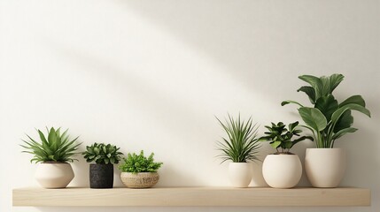 Fototapeta premium Assortment of potted houseplants adorning a bright, minimalist shelf decor