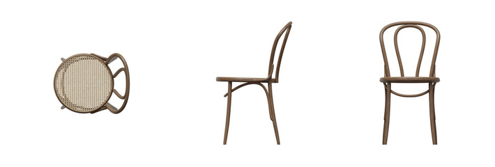 Furniture Chair Top View, Front View, Side View. Isolated Transparent Background