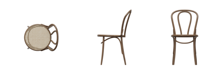 Furniture Chair Top View, Front View, Side View. Isolated Transparent Background