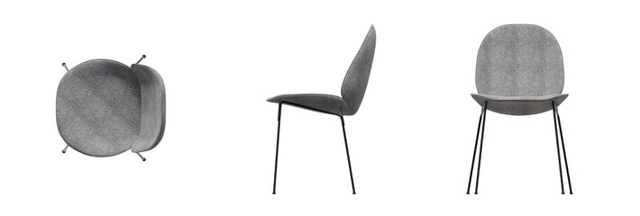 Furniture Chair Top View, Front View, Side View. Isolated Transparent Background