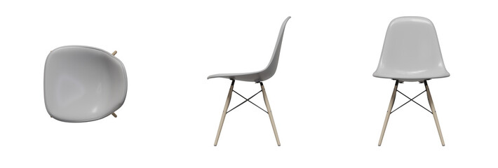 Furniture Chair Top View, Front View, Side View. Isolated Transparent Background