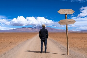 A man standing in the middle of a desert road, looking at a signpost pointing in two directions