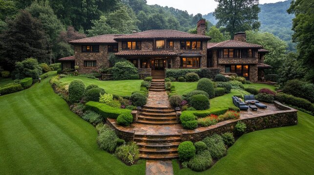 Stone house with manicured lawn, steps, and mountain backdrop