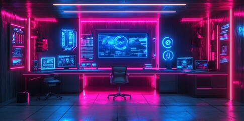 Neon-Lit Cyberpunk Workstation: A Futuristic Tech Hub