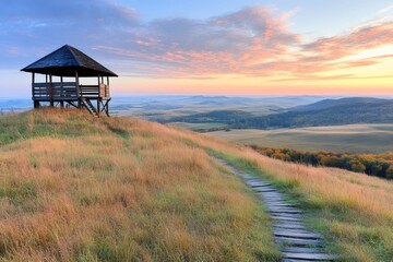 Wooden gazebo overlooking vast autumn landscape at sunrise