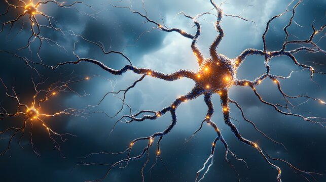 The image shows a detailed rendering of a neuron, its branching dendrites and axon highlighted with glowing nodes against a dark, cloudy background.