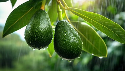 Avocado tree and droplet of water, raining