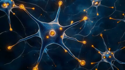 The image shows a detailed, stylized rendering of neurons, or nerve cells, interconnected in a neural network.  The neurons are depicted with glowing nodes at their synaptic terminals, highlighting t