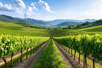 Scenic vineyard landscape showing rows of grapevines growing in a picturesque valley