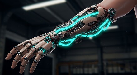 Robotic Arm Close-up with Glowing Blue Accents in a Dark Environment