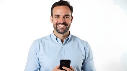 Smiling Man Holding Smartphone – Professional Studio Portrait on White Background