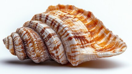 Fototapeta premium Seashell isolated on white background. Natural ocean sea shell texture for design, marine life decor, coastal theme, beach element, and nautical art concept. 