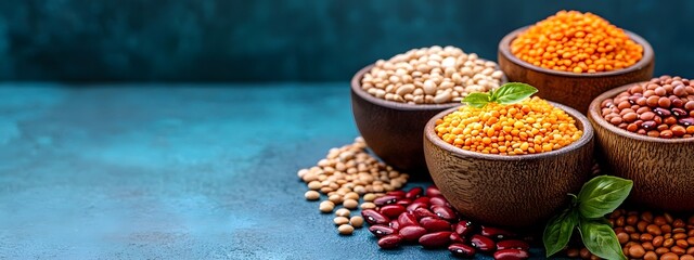 A serene food photography arrangement featuring a vibrant medley of whole grains beans and lentils in weathered wooden bowls set against a clean minimal backdrop for a timeless
