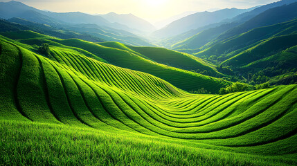 Obraz premium Stunning Green Rice Terraces in Mountains: Breathtaking Landscape Photography