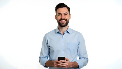 Smiling Man Holding Smartphone – Professional Studio Portrait on White Background