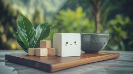 Happy Wooden Block Character  Nature Scene  Eco Friendly Toys  Playful Mascot  Handmade Cr