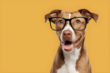 Portrait of a dog wearing glasses in front of yellow background