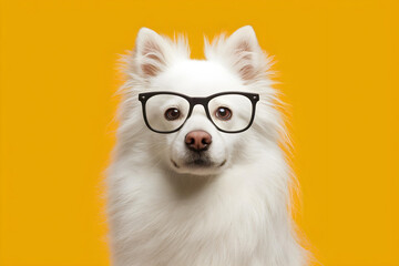 Сlose up of a white pomeranian spitz dog wearing glasses in front of yellow background