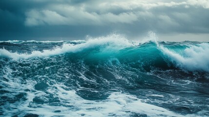 Fototapeta premium Waves crashing on the ocean surface with dramatic storm clouds overhead.