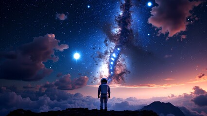 Fototapeta premium Astronaut gazing at a vibrant galaxy in a night sky filled with stars