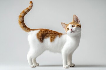 Curious ginger kitten posing studio, white background.