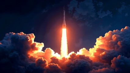 Rocket Launching Into the Night Sky with Bright Flame and Clouds