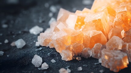 Close up view of large amber sugar crystals on a dark surface Texture and detail are highlighted