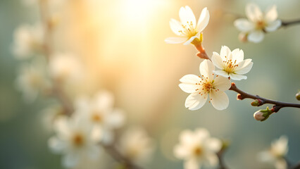 Fragrant blossoms on a branch in gentle sunshine