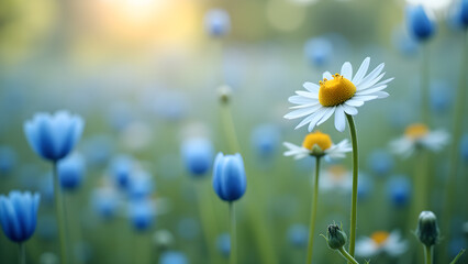 Daisy and Bluebells in Sunlight Kissed Meadow