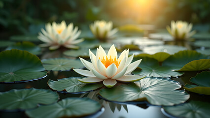 Serene Lotus Blooms Floating on Tranquil Pond