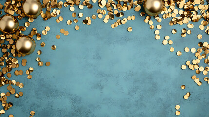 Fototapeta premium Elegant and festive composition with golden ornaments and confetti on a blue background, capturing a sense of celebration and luxury, perfect for conveying festive themes.