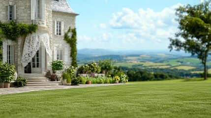 Fototapeta premium French Chateau Countryside Lawn Scenic View Luxury Home