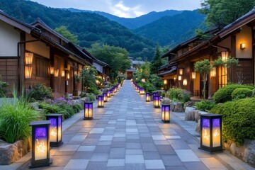 Obraz premium A row of traditional Japanese houses decorated with Obon lanterns, casting a warm glow in the night