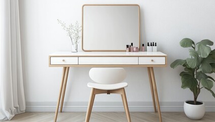 Minimalist White Vanity Table With Light Wood Accents