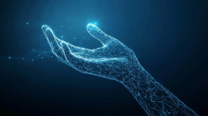 Digital hand reaching up with glowing fingertip on a dark blue background with light particles