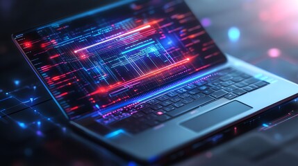 Laptop Screen Displaying Glowing Neon Code: A Cyberpunk Digital Art