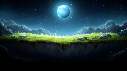 Pixel Art Game Landscape at Night Featuring a Full Moon Green Grass and Distant Mountains with Starry Sky Fantasy Digital Scene