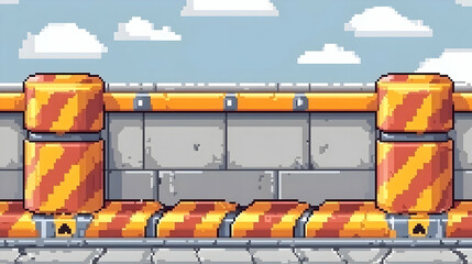 Pixel Art Game Background with Gray Blocks and Yellow Striped Cylinders Under a Cloudy Sky for Platformer Level Design