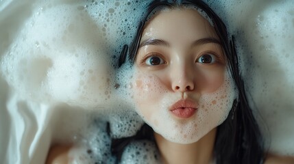 Fototapeta premium An asian woman enjoys a luxurious bath with abundant bubbles